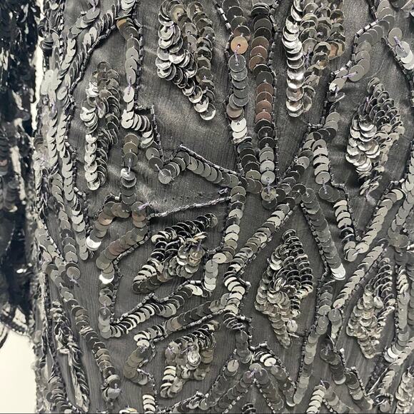 Vintage 80's black silk/bead/sequin midi shift dress shark tooth hem size Medium - Picture 11 of 13